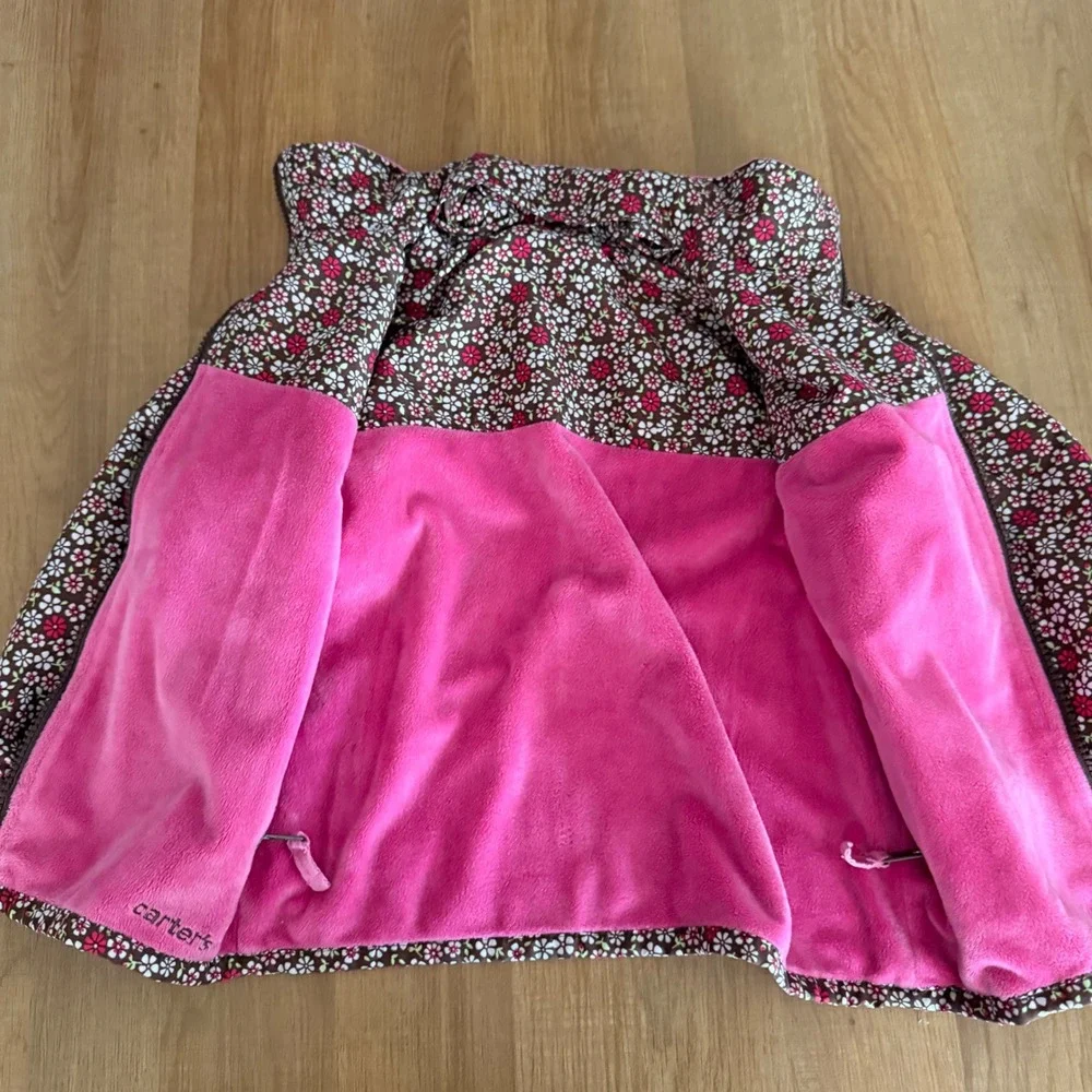 Carters Toddler Girls 3T Reversible Jacket Pink Fleece Floral Brown Full Zip‎